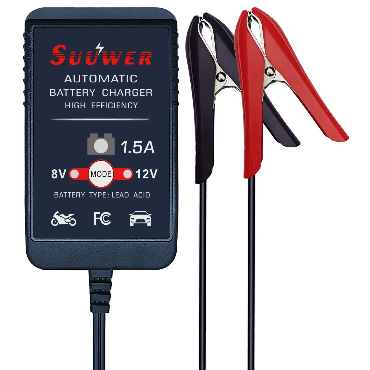 Suuwer 8V/12V 1.5A Automatic Battery Charger for Car, Motorcycle, Lawn Mower - Black