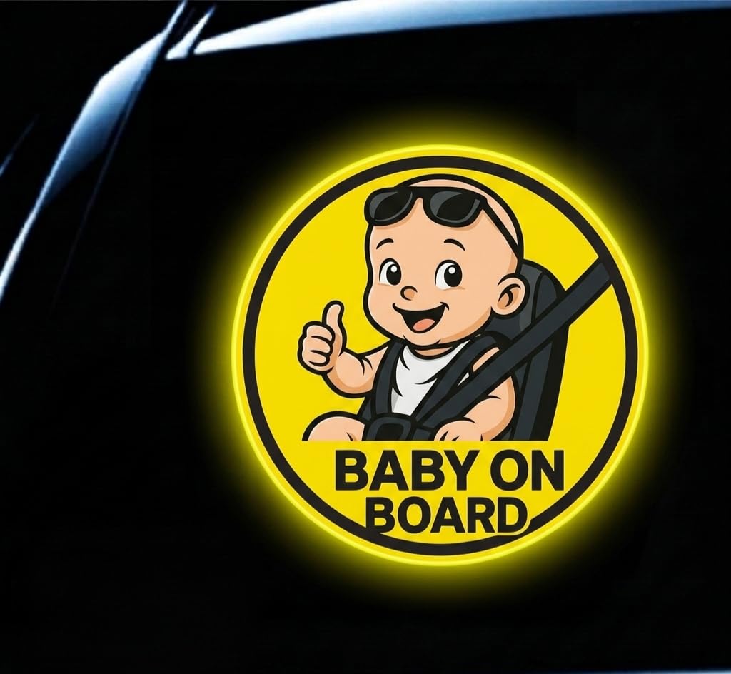 Reflective Baby On Board Car Sticker,15 Cms Bigflag, Yellow Round Safety Warning Decal, Cute Baby Design, Self Adhesive, Diy, Wa