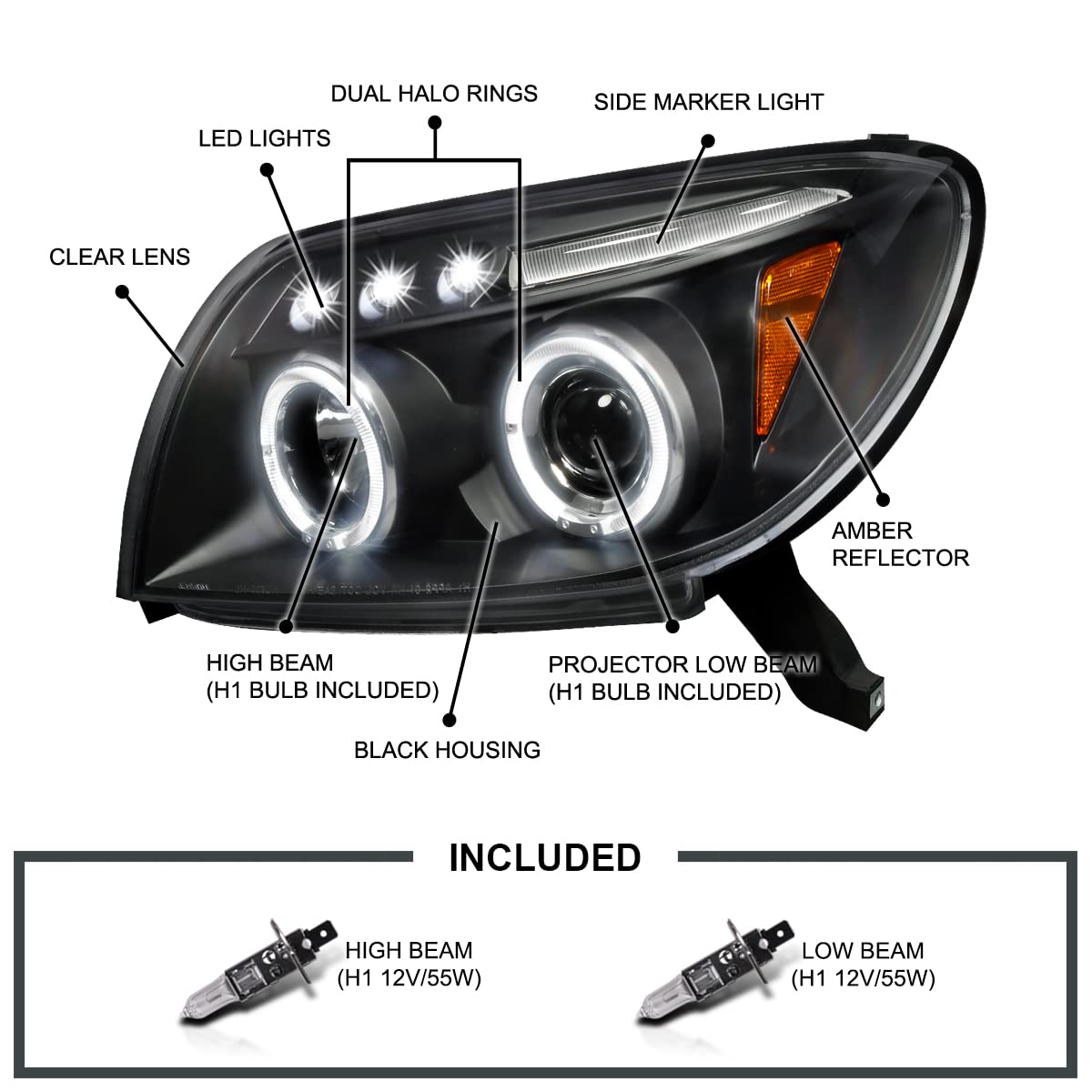 Spec-D Tuning Halo Led Black Projector Headlights Compatible With 2003-2005 Toyota 4Runner Left + Right Pair Headlamps Assembly