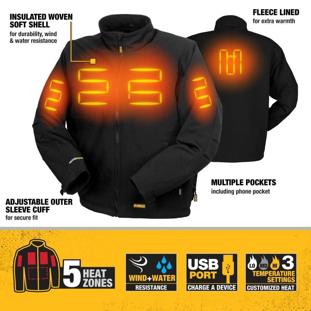 DEWALT Men's Heated Soft Shell Jacket Kit Black 2-XLarge