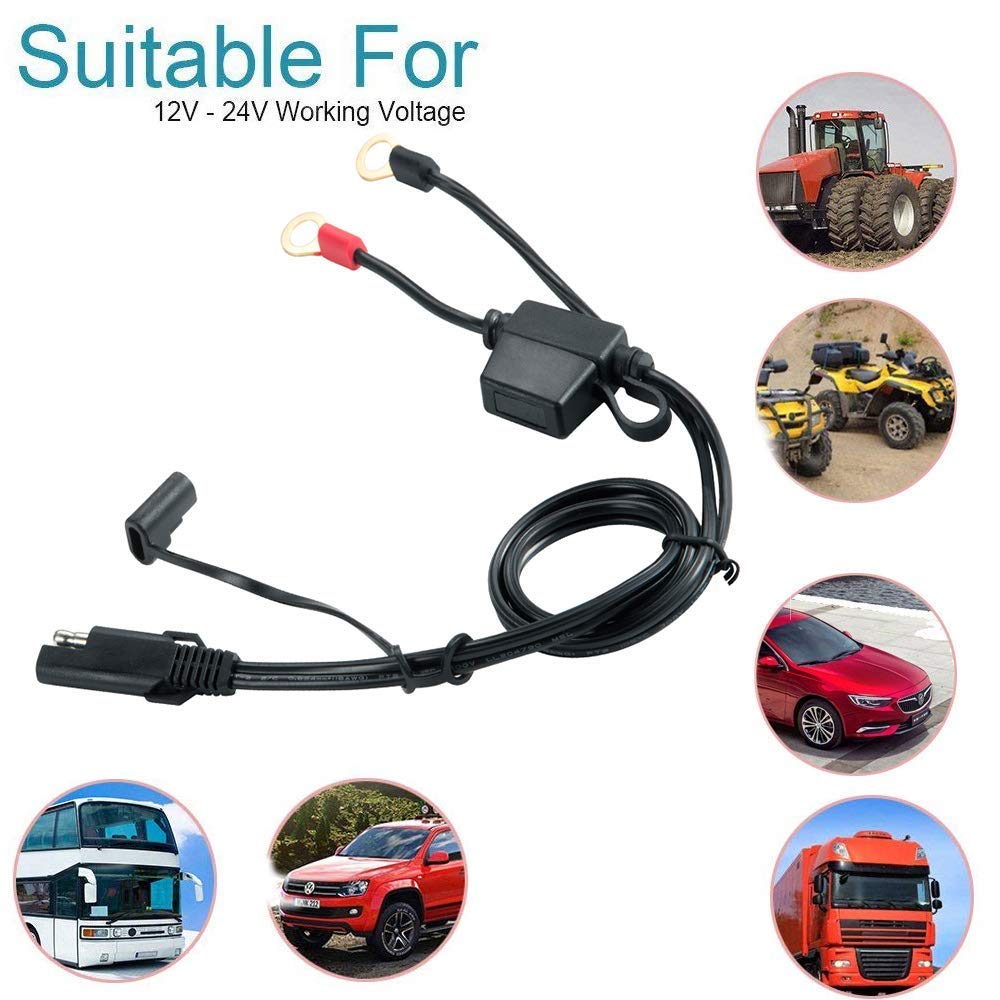 iMESTOU Motorcycle Solar SAE Quick Disconnect Extension Cable Adapter, Ring Terminal Harness with Black Fused 2-Pin Quick Discon