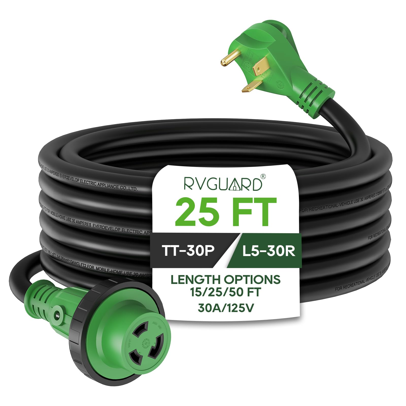 Rvguard 30 Amp 25 Foot Rv Power Extension Cord, Heavy Duty Stw Cord With Led Power Indicator And Cord Organizer, 30 Amp Male Sta