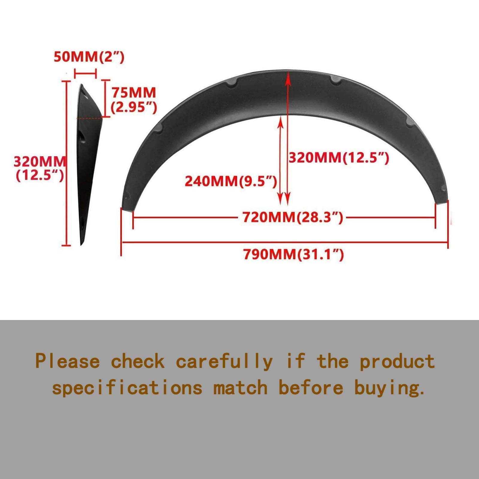BLACKHORSE-RACING 4PCS Universal Fender Flares 2''/50mm Wide Body Kit Wheel Arches Durable PU
