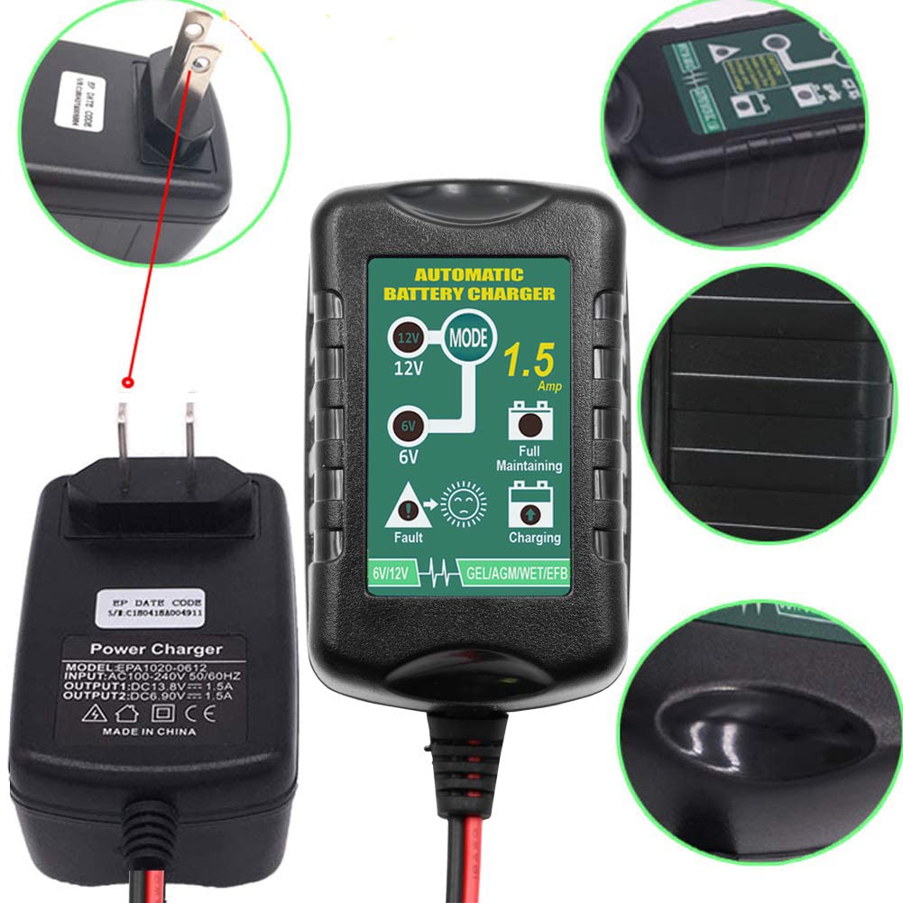 Unocho 6V 12V 1.5A Smart Battery Charger - Automatic Trickle & Float Charger for Car, Motorcycle, Lawn Mower, Boat, Snowmobile