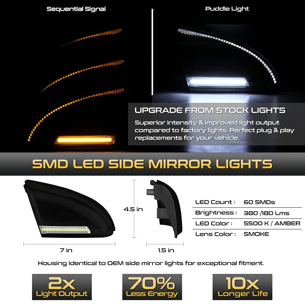 VIPMOTOZ Smoked Lens Switchback Full White & Amber LED Side Mirror Turn Signal Light Puddle Lamp For 2009-2018 Compatible with D