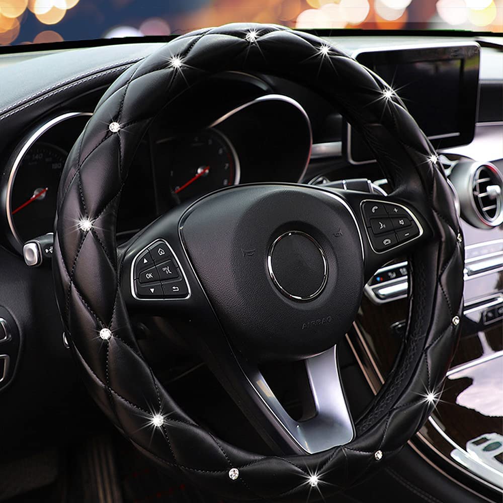 Yogurtck Diamond Soft Leather Anti-Slip Steering Wheel Cover With Bling Bling Crystal Rhinestones, Universal 15 Inch For Women Girls, Fit Vehicles, Sedans, Suvs, Vans, Trucks - Black
