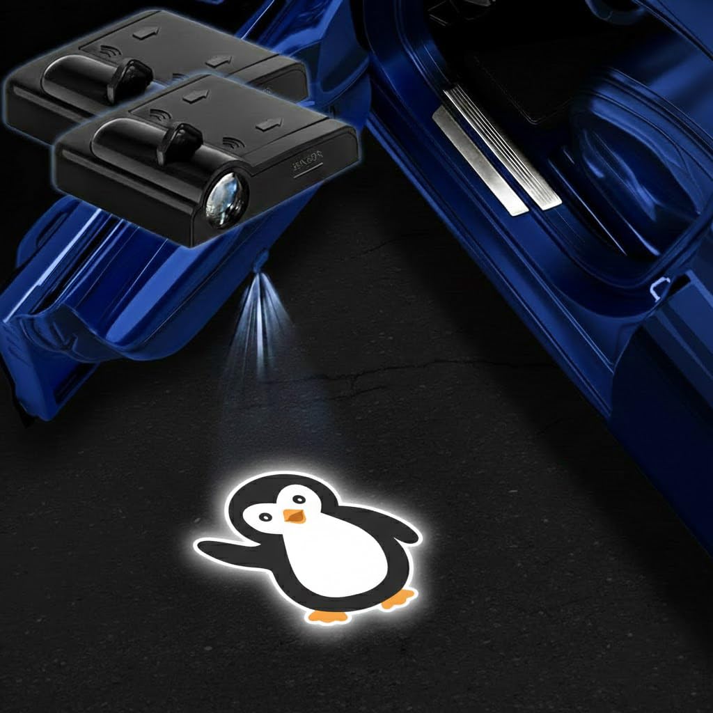 2PCS Penguin Car Door Lights Projector,Wireless LED Welcome Puddle Lights,Magnetic Logo Projector Door Light Decor Car Accessori