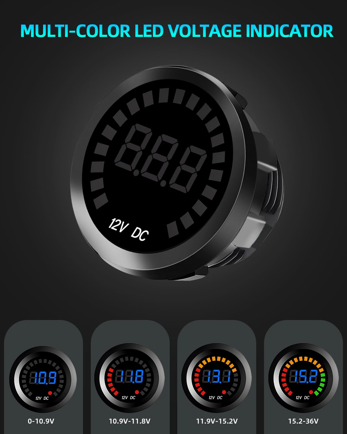 Waterproof DC 12V Voltage Meter, LED Digital Display Voltmeter Gauge Panel, Round Battery Monitor with Wires & Terminals & Srews