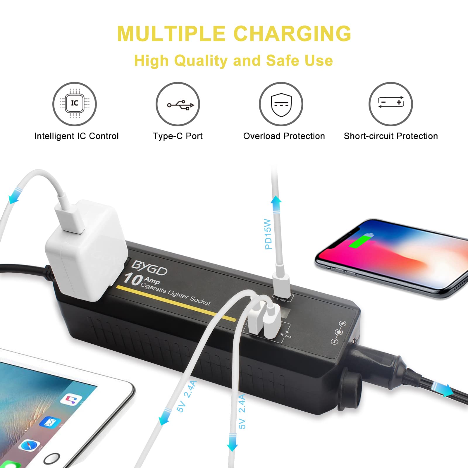 Bygd 4 In 1 Ac To Dc Converter, 120W Adapter 12V 10A Car Cigarette Converter Lighter Socket Cigarette Lighter Socket Power Adapt