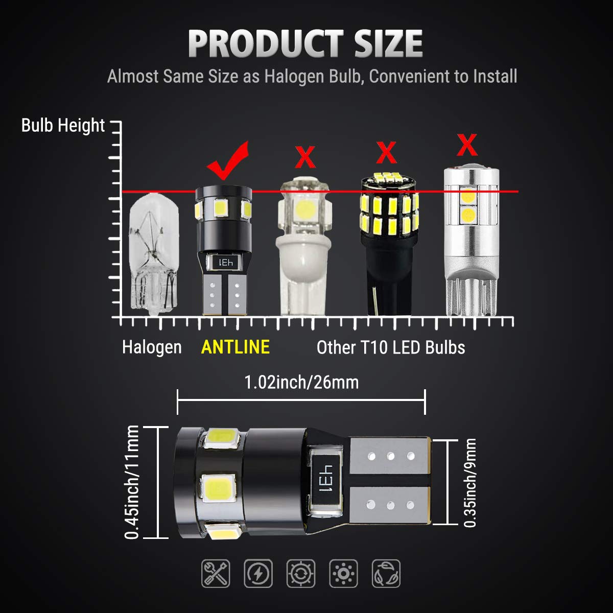 Antline 194 168 2825 W5W T10 LED Bulbs Xenon White, Ultra Bright Error Free 9-SMD 2835 Chipsets 6000K Replacement for Car Interi