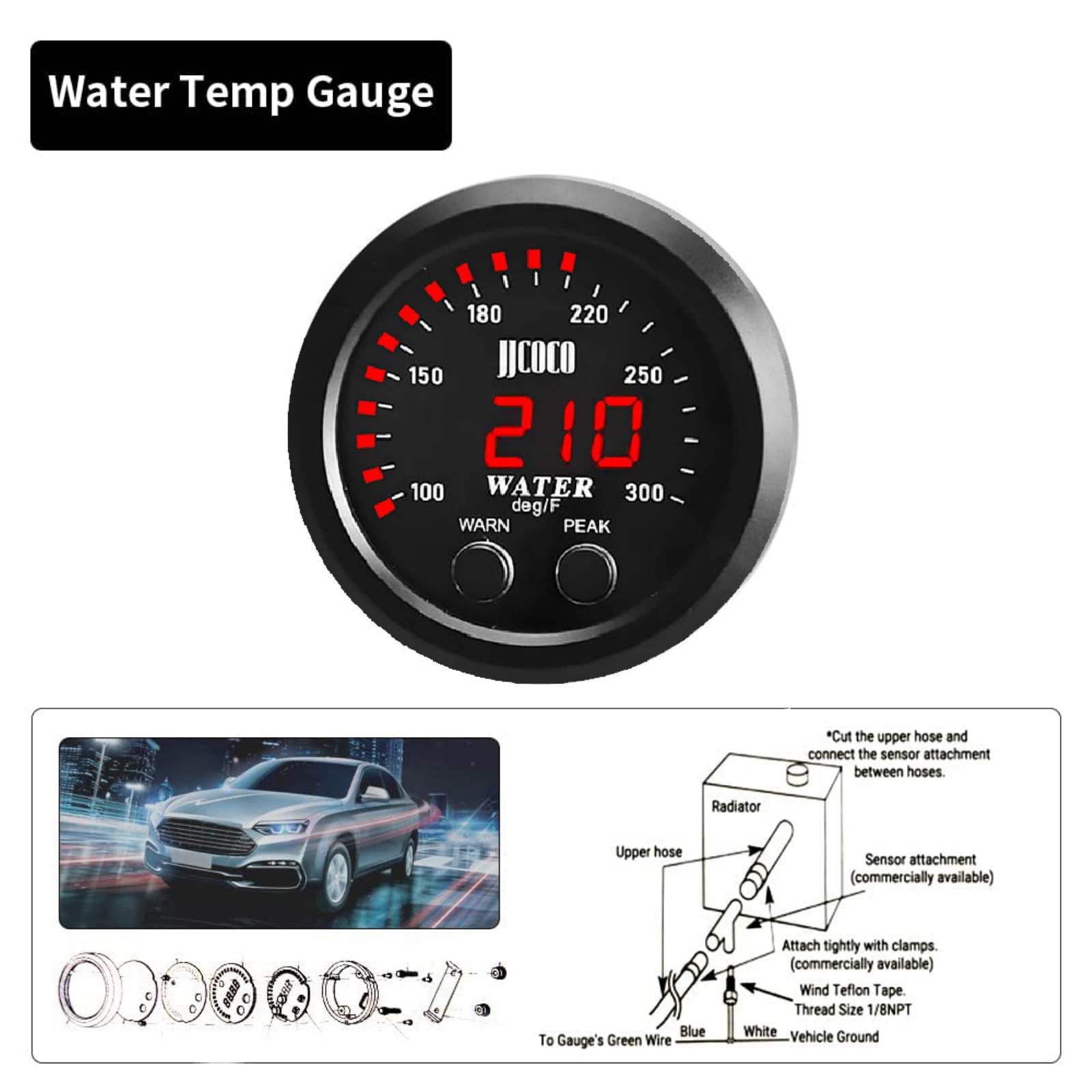 ZHSYMX Universal 52mm Water Temperature Gauge 100-300F(38-150C) Electronic Red Digital LED DC12V/24V for Car Automotive with Joi