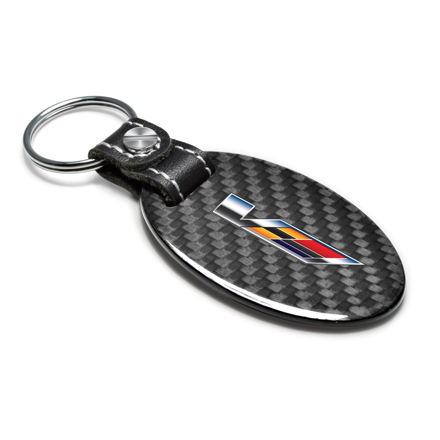 Ipick Image For Cadillac V Logo Black Real Carbon Fiber Oval Shape With Black Leather Strap Key Chain Keychain, Official License