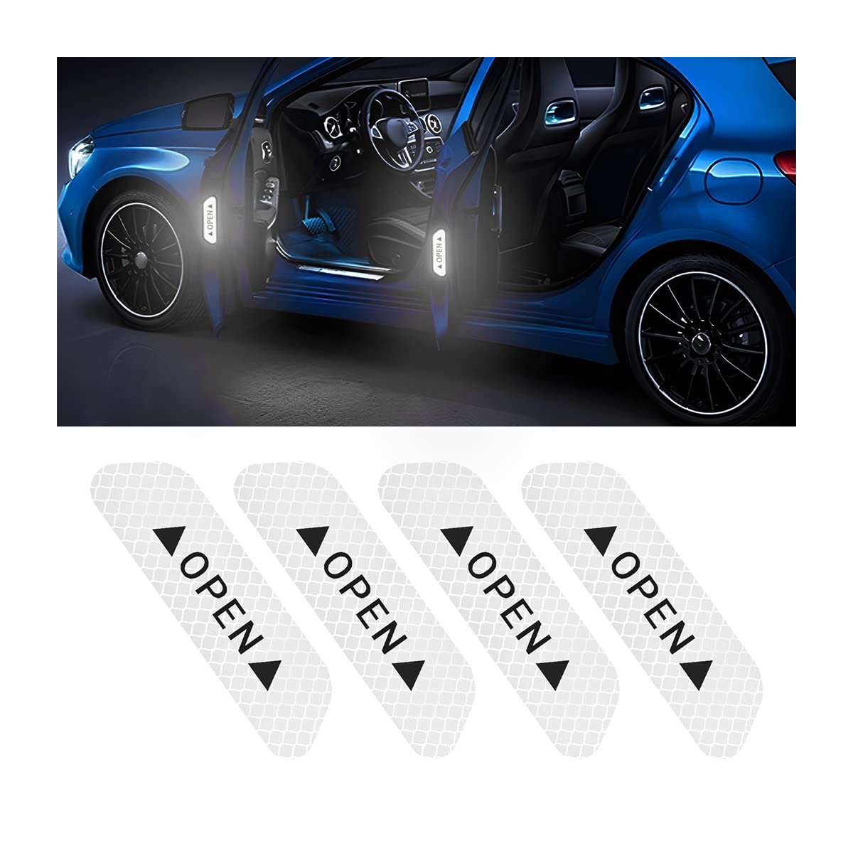 4Pcs Reflective Open Warning Stickers For Car Door, Night Visibility Auto Safety Prompt Decals, 3.6 Inch Anti-Collision Protective Strip Tape, Car Accessories Universal For Truck, Suv, Van (Silver)