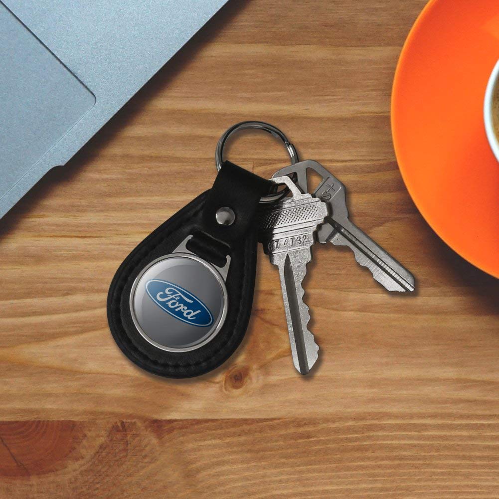 Graphics & More Black Leather Ford Motor Company Blue Oval Logo Keychain