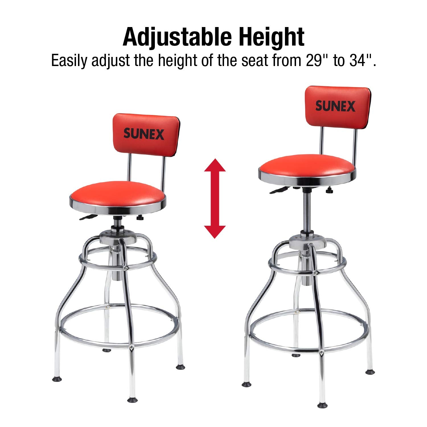 Sunex Tools 8516 Hydraulic Shop Stool, Chrome Finish, Adjustable Seat & Backrest, 250 lb Capacity, Slip Resistant, Silver