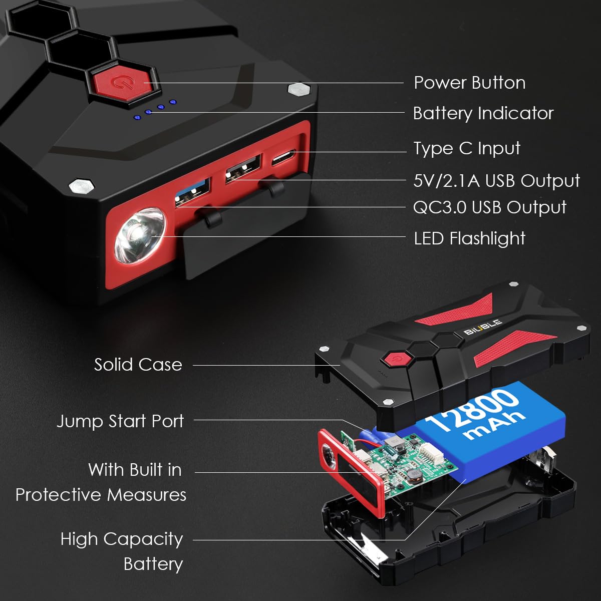BIUBLE Jump Starter 3000A Peak, 12V Auto Battery Booster Pack, USB Quick Charge 3.0, Black and Red, Model JS001