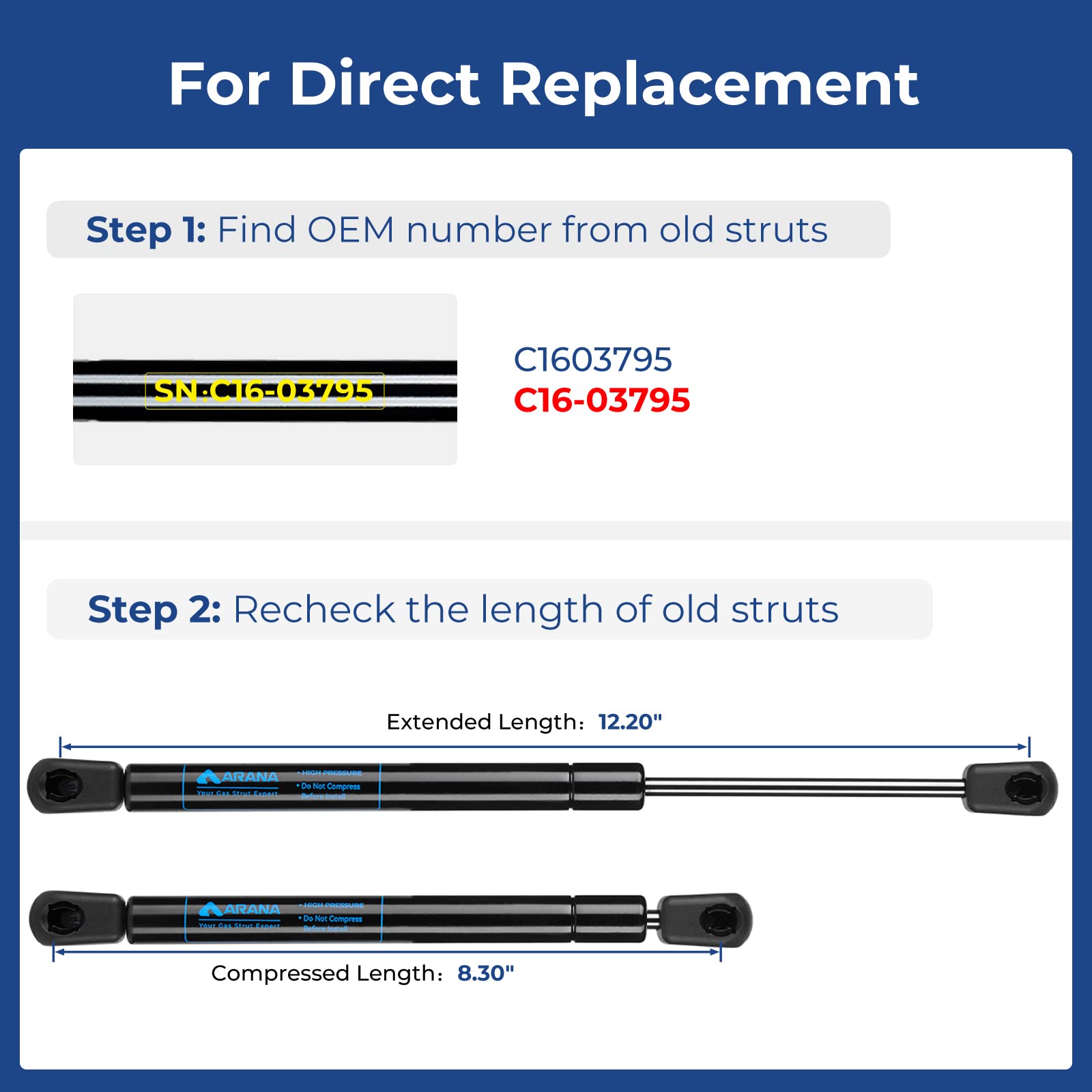Arana C16-03795 Gas Struts 12 Inch, C16-09903 12 Inch 24Lb/107N Gas Shock Spring Lift Supports For Leer Are Camper Shell Topper