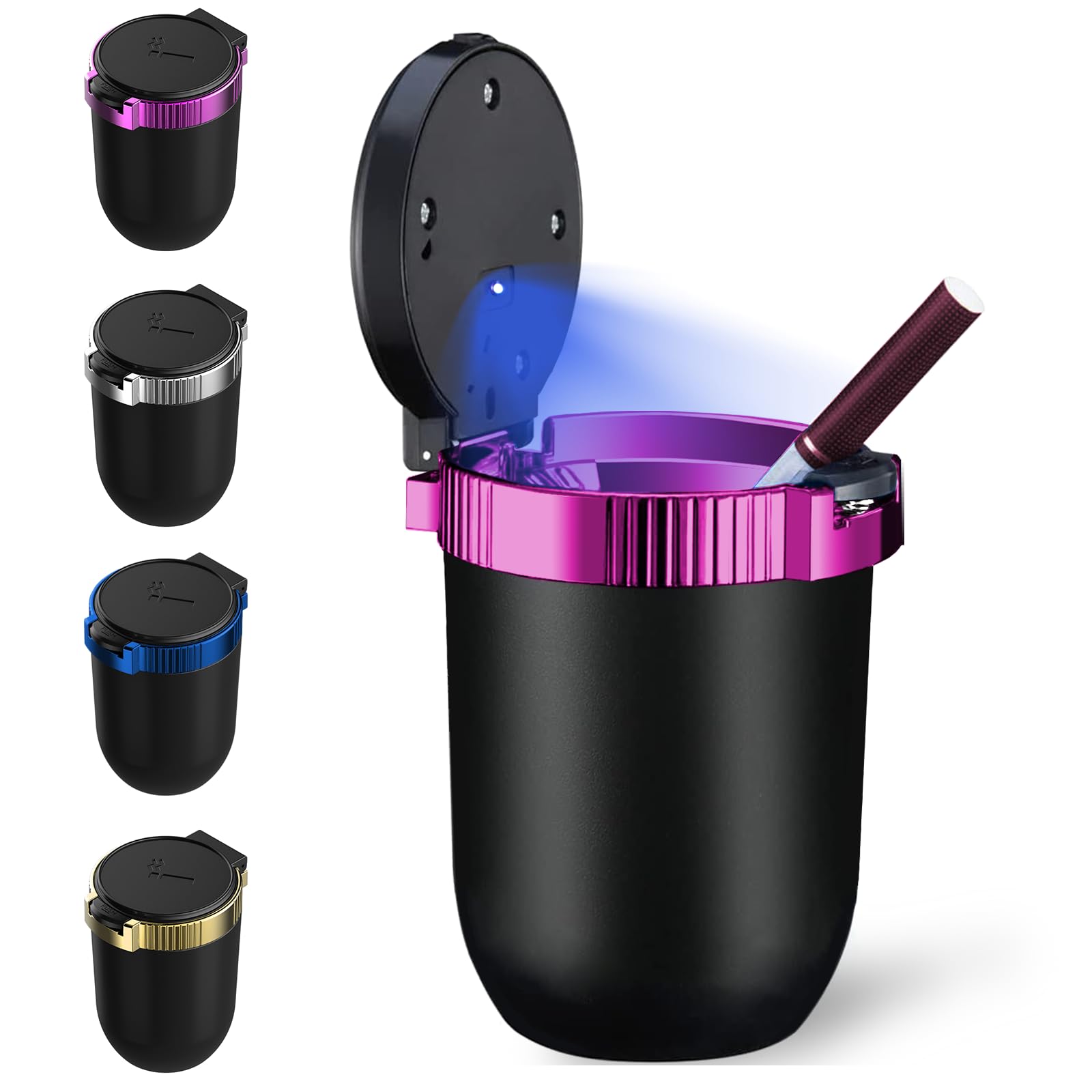 Windshoon Smokeless Car Ashtray with Lid - Stainless Steel Inner Container Windproof Ashtray, Portable LED Blue Light Auto Acces