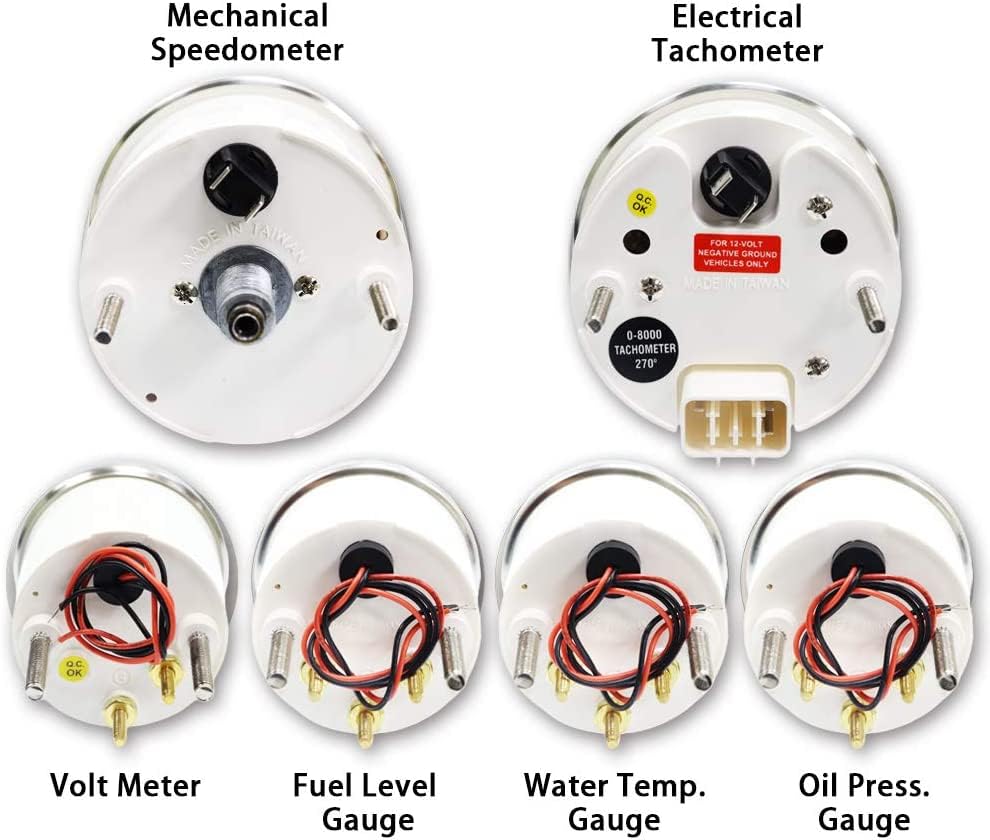 MOTOR METER RACING Classic 6 Gauge Set with Mechanical Speedometer Analog Odometer Orange Dial Black Needle White LED Illuminati