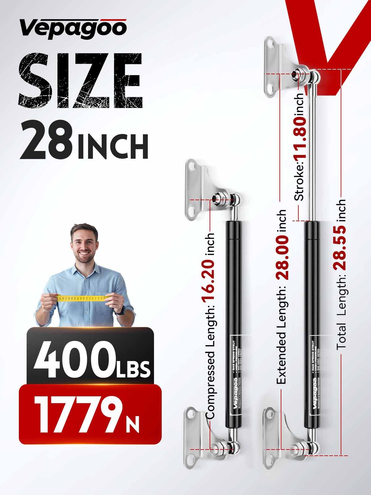 Vepagoo 28 Inch Gas Struts 400Lb Shock with Mounting Brackets, Carbon Steel, Black, Heavy Duty Lift Supports for RV/Truck Bed, 2pcs