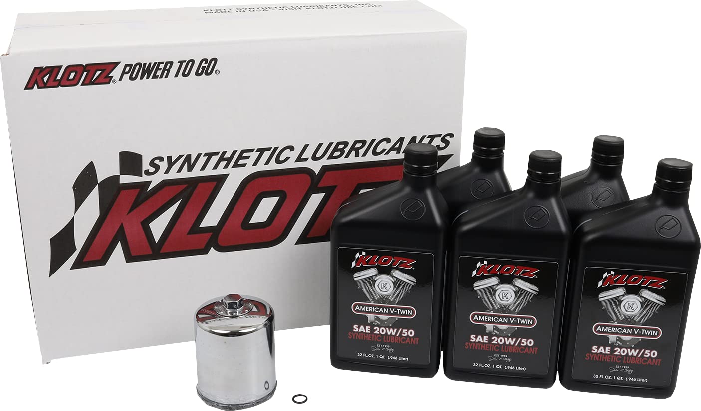 Klotz 20W/50 Synthetic Motor Oil Change Kit for Twin Cam 1999-2018 & Milwaukee-Eight 2017-2024 (5-Quart Basic Kit)