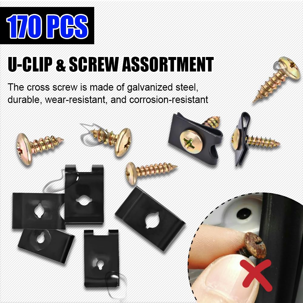 170PCS Automotive Screws and Clips Assortment Kit, Car U-Clip and Screw Assortment Kit, 9 Different Sizes Automotive U Nut and S