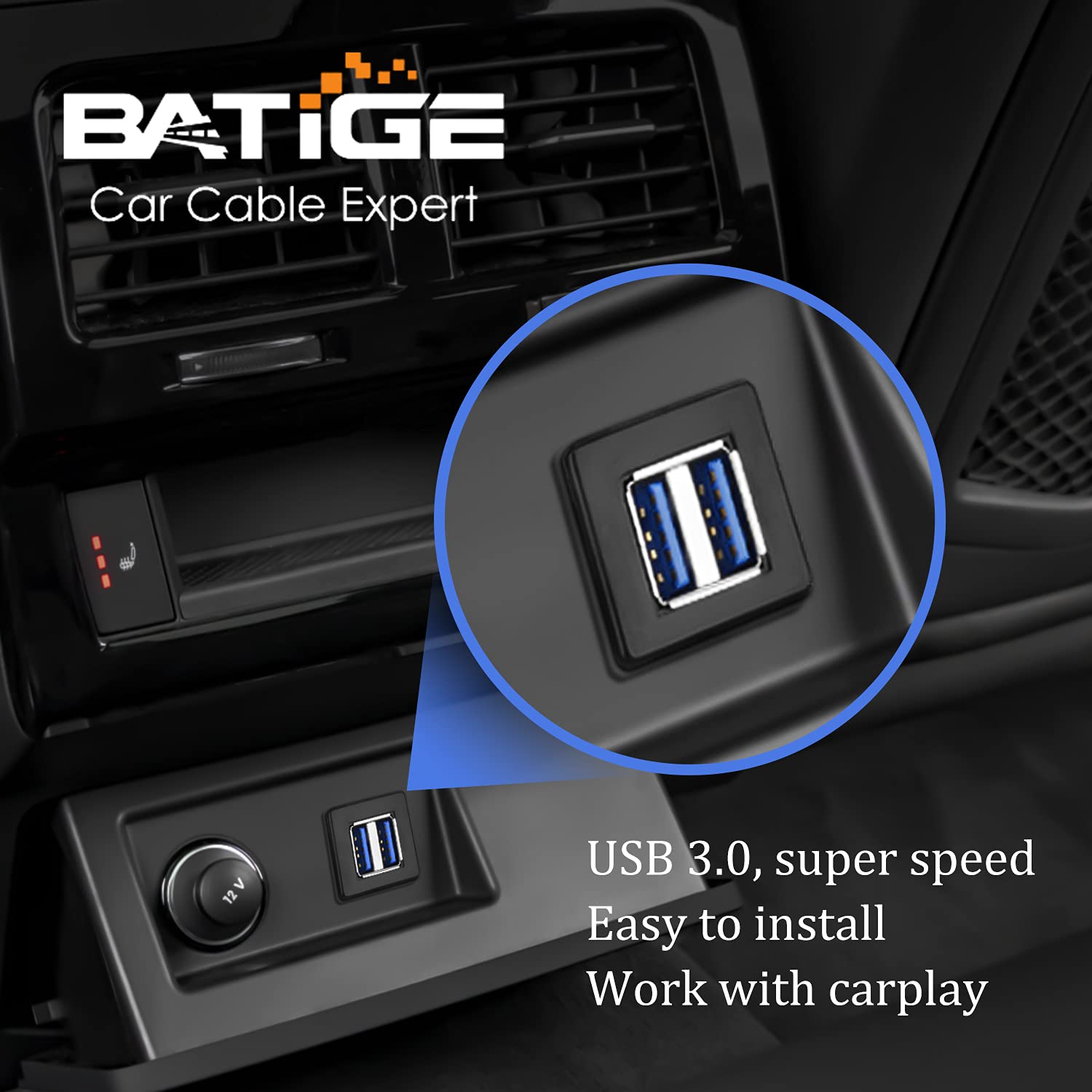 Batige Dual Ports Square Usb 3.0 Panel Flush Mount Extension Cable With Buckle For Car Truck Boat Motorcycle Dashboard-3Ft