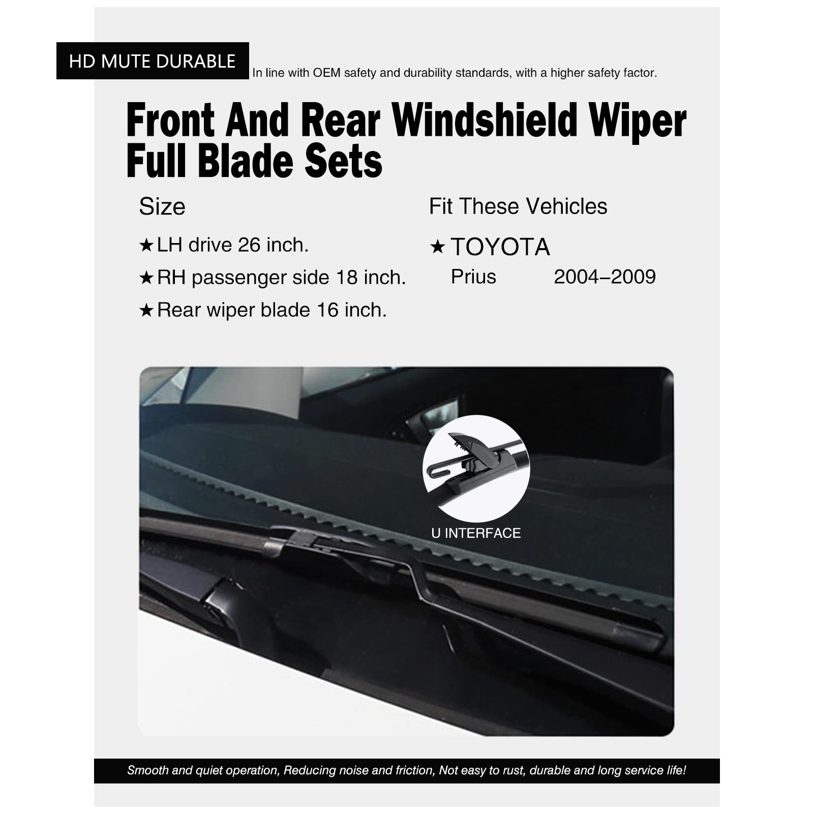 FAPIUO Silent Wipers Set for Toyota Prius 2004-2009 - 26"/18"+16" Natural Rubber, Black, Front & Rear Windshield Wipers (3 Pack)