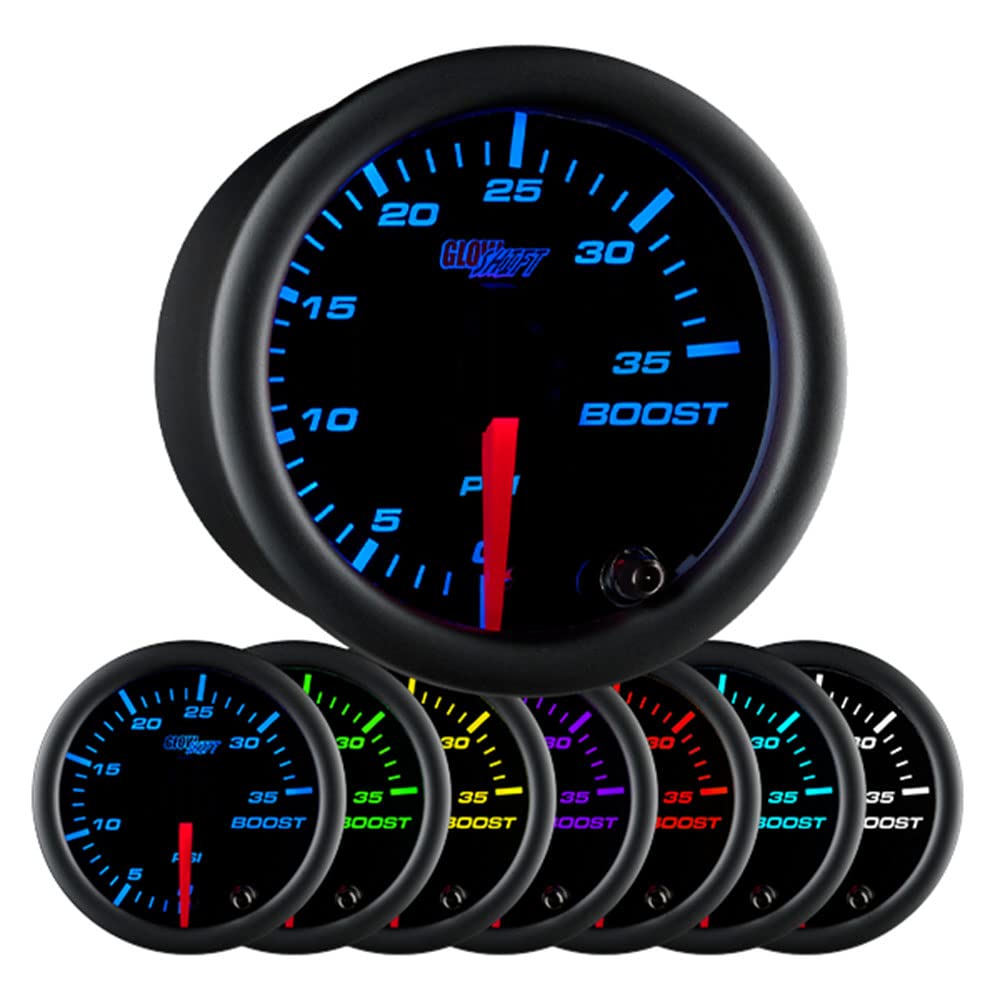 Glowshift Black 7 Color 35 Psi Turbo Boost Gauge Kit - Includes Mechanical Hose & Fittings - Black Dial - Clear Lens - For Car &