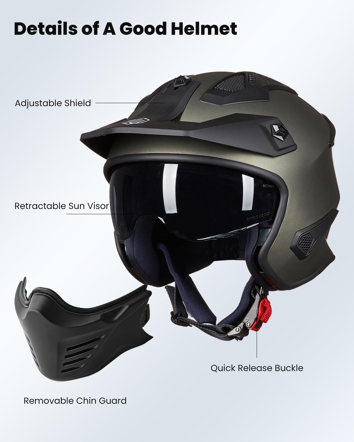Ilm Open Face Motorcycle 3/4 Half Helmet For Dirt Bike Moped Atv Utv Motocross Cruiser Scooter Dot Model 726X (Midnight Green,S)