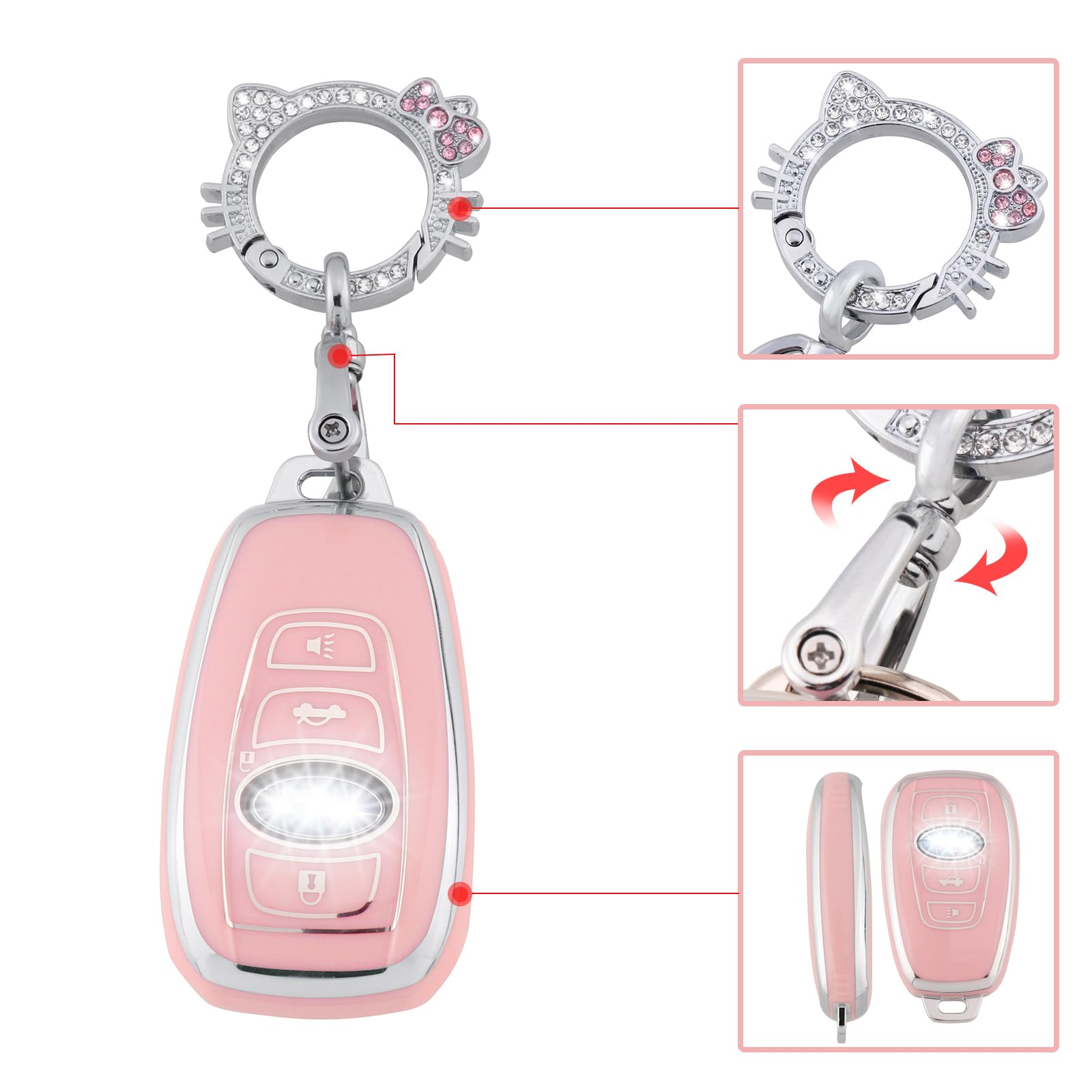 Pangpai Pink Key Fob Cover for Subaru, Soft TPU Key Case Protection with Bling Keychain Fit for Ascent BRZ Crosstrek Forester Im