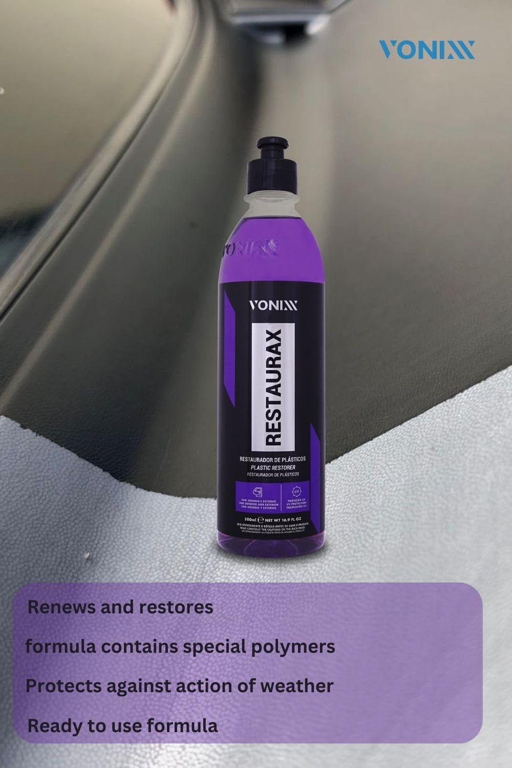 Vonixx Restaurax Plastic Surface Renewal Solution | Glossy Finish | 16.9 fl oz | Interior & Exterior Care | Model 2009015 | Purple