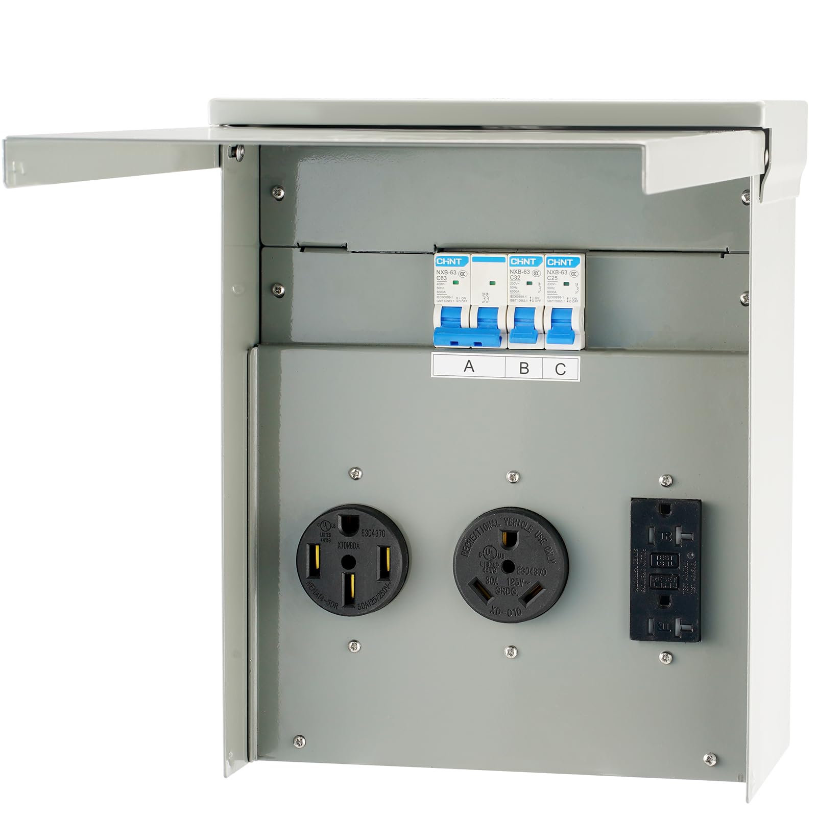 Vevor Temporary Power Outlet Panel, Weatherproof Rv Electrical Breaker Box With A 20/30/50 Amp Receptacle Installed, Prewired Circuit Nema 14-50R/Nema Tt-30R / 20A Gfci For Rv Camper Trailer Motorhome