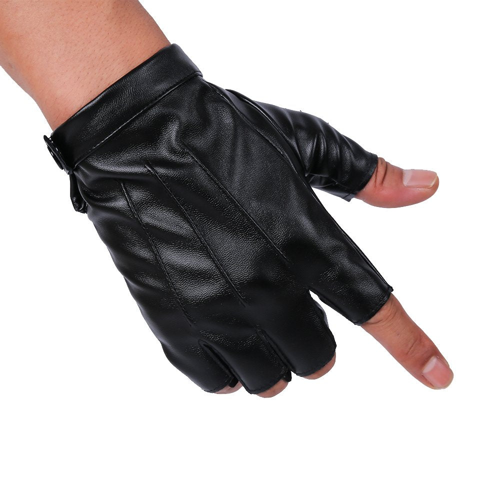 Jisen Men Pu Leather Punk Half Finger Snap Performance Gloves Black
