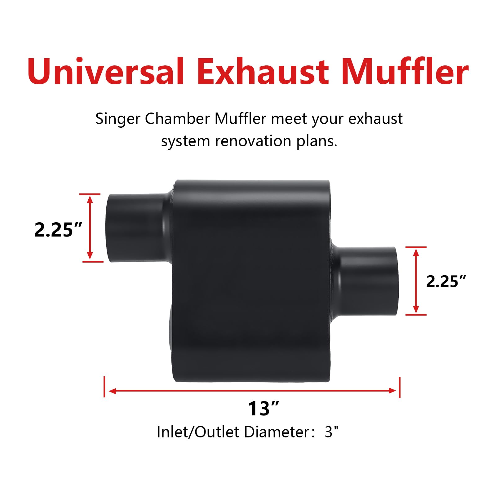 TECTRUC Exhaust Muffler - 2.25" Single Chamber Performance Muffler, Aluminum, Black, Offset In/Center Out, Overall 13"