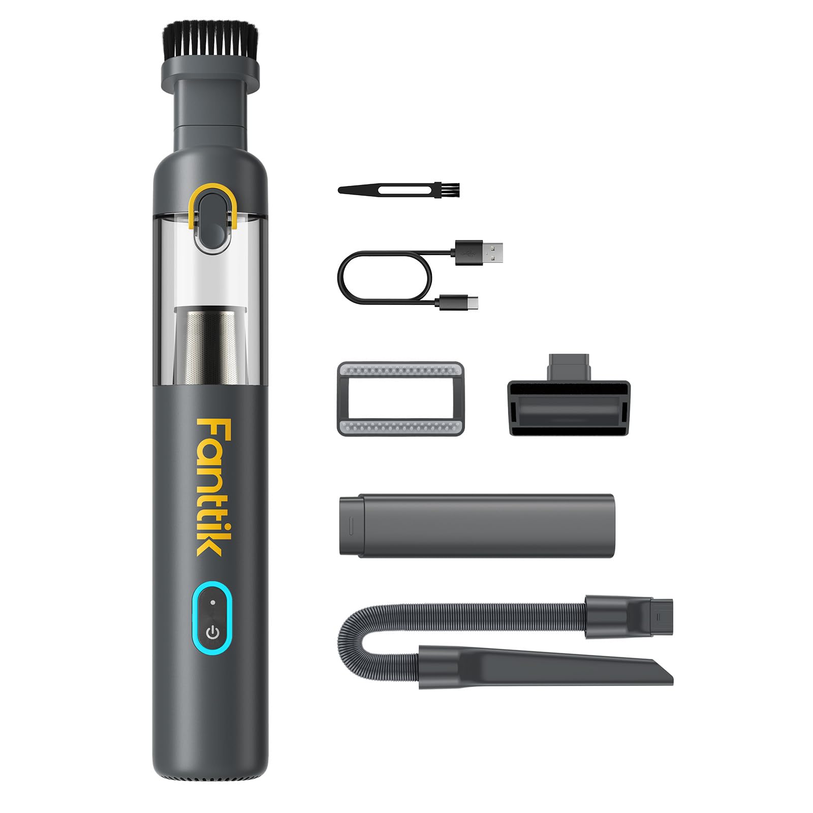 Fanttik Slim V8 Mate Cordless Car Vacuum Suction Power 12000Pa, Portable Mini Vacuum With Flexible Hose And Pet Brush, Type-C Charge, Portable For Car, Office Desk, Keyboards, Gray