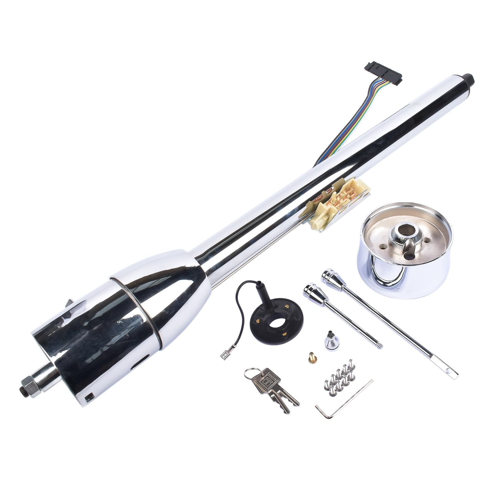 GELUOXI Replacement for GM 32 Inch Tilt Manual Steering Column Floor Shift Hot Rod, with Key & 9 Holes Adapter, Chrome Stainless