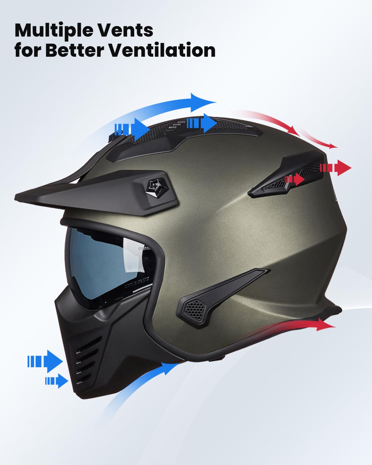 Ilm Open Face Motorcycle 3/4 Half Helmet For Dirt Bike Moped Atv Utv Motocross Cruiser Scooter Dot Model 726X (Midnight Green,S)