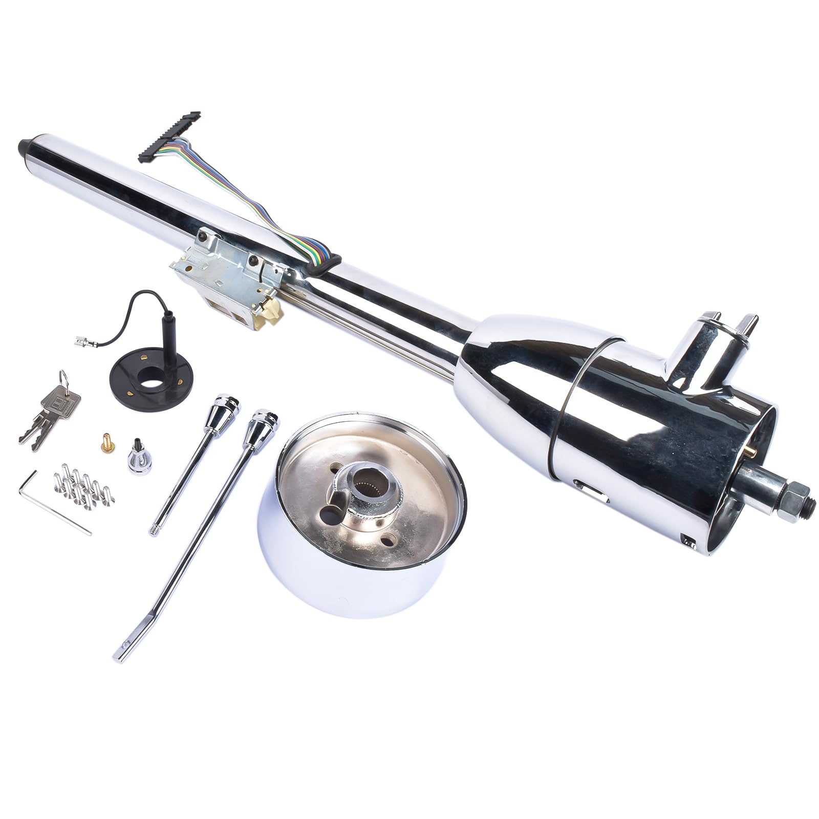 GELUOXI Replacement for GM 32 Inch Tilt Manual Steering Column Floor Shift Hot Rod, with Key & 9 Holes Adapter, Chrome Stainless