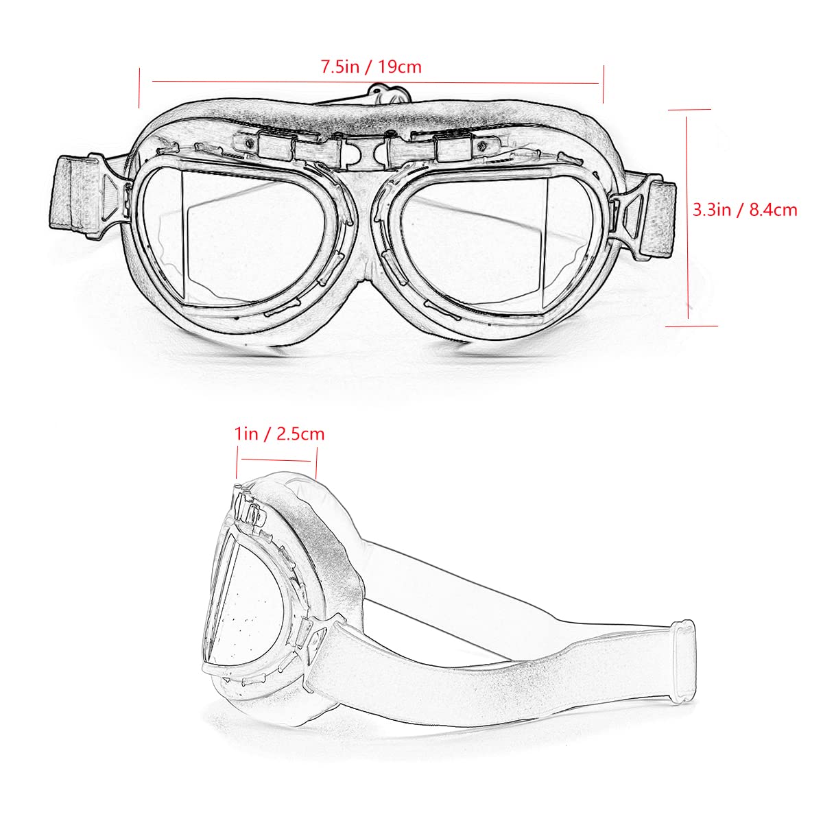 Kucehiup Vintage Aviator Goggles Motorcycle Goggles (Black Frame Clear Lenses)