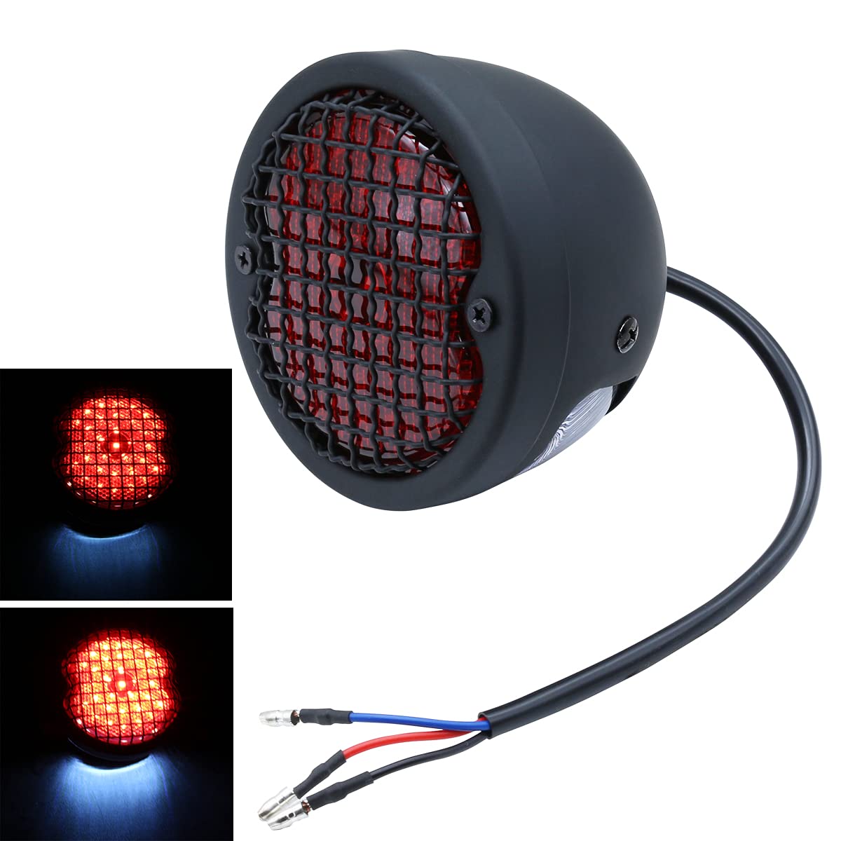 FATECIM Round Motorcycle LED Tail Light Rear Brake Stop Light Red Lens Grille Ribbed Integrated License Plate Lamp for Harley Sp