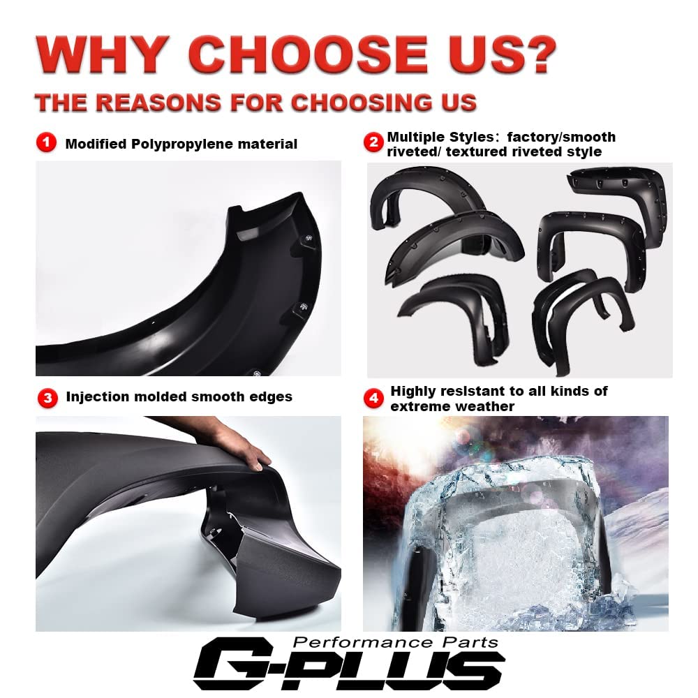 G-PLUS Textured Pocket Riveted Fender Flares, Compatible with Chevy Silverado 1500 2007-2013, [Only Fit 5.8' Short Bed Crew Cab(