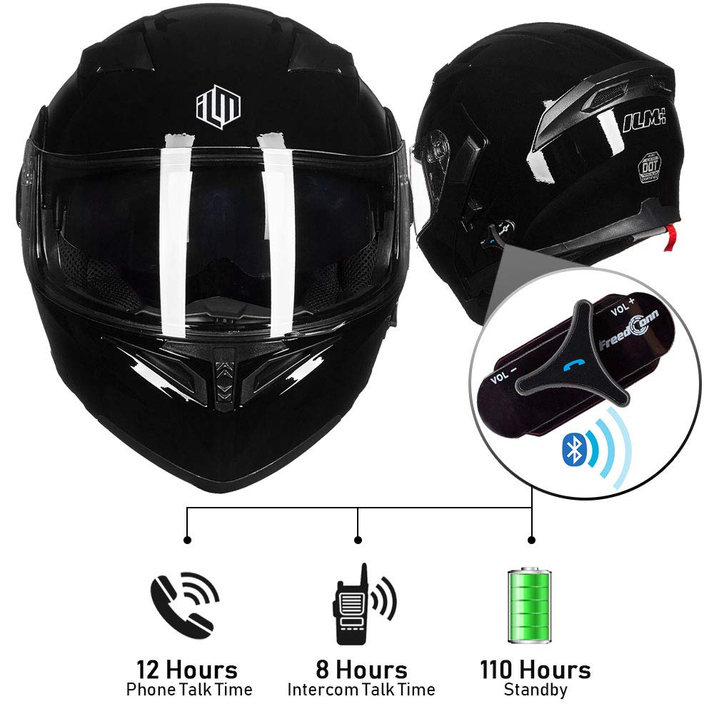 Ilm Bluetooth Motorcycle Helmet Modular Flip Up Full Face Dual Visor Mp3 Intercom Fm Radio Dot Model 902Bt(Gloss Black, M)