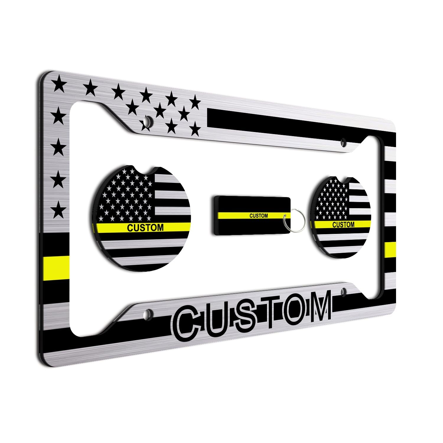 Thin Yellow Line - Personalized American Flag License Plate Frame + 2 Coasters And A Keychain