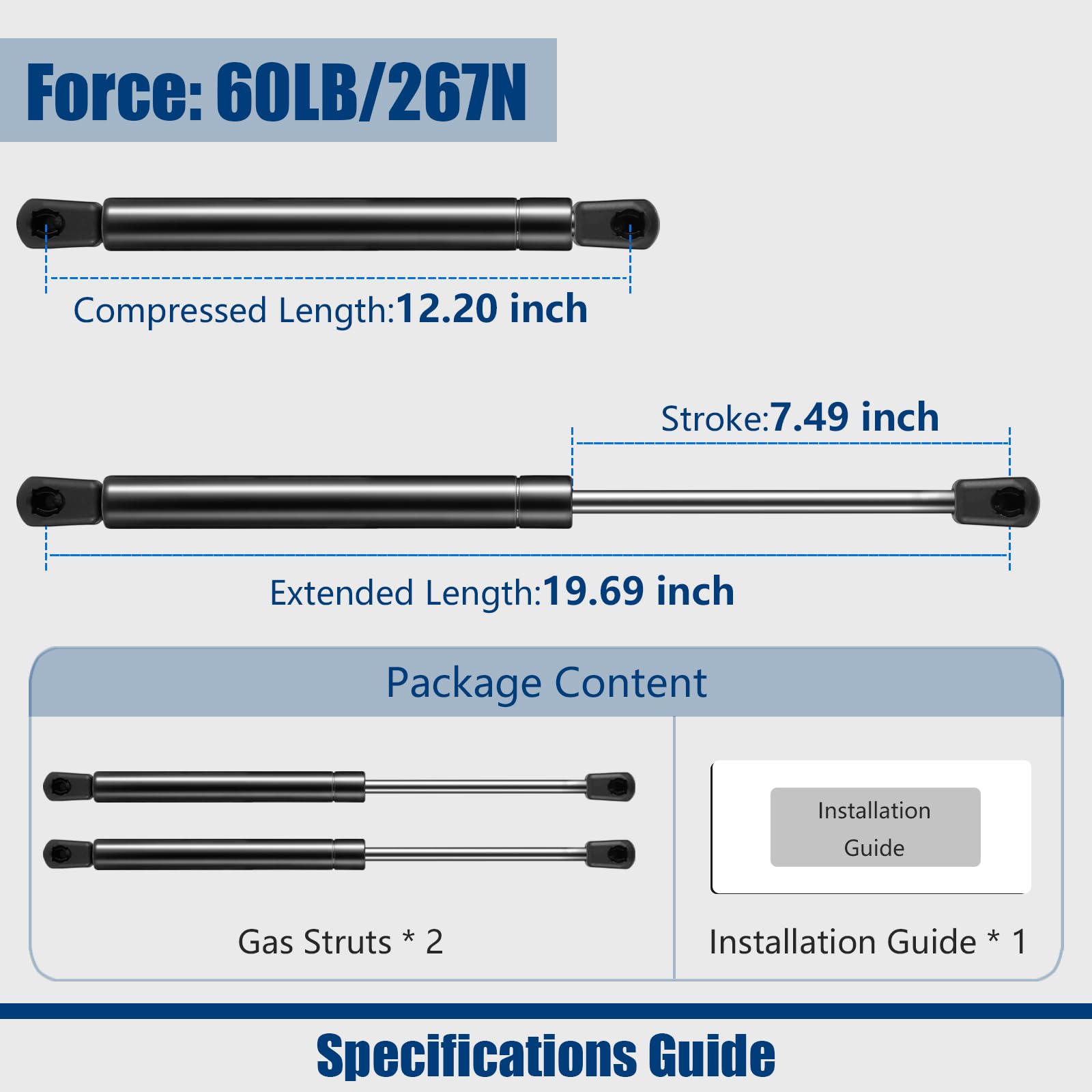 AUCLIDIS Gas Strut Shock Spring Lift Support, 20 inch, 60lb, Nylon, Black, Model C16-08260, Set of 2 for RV, Boat, T