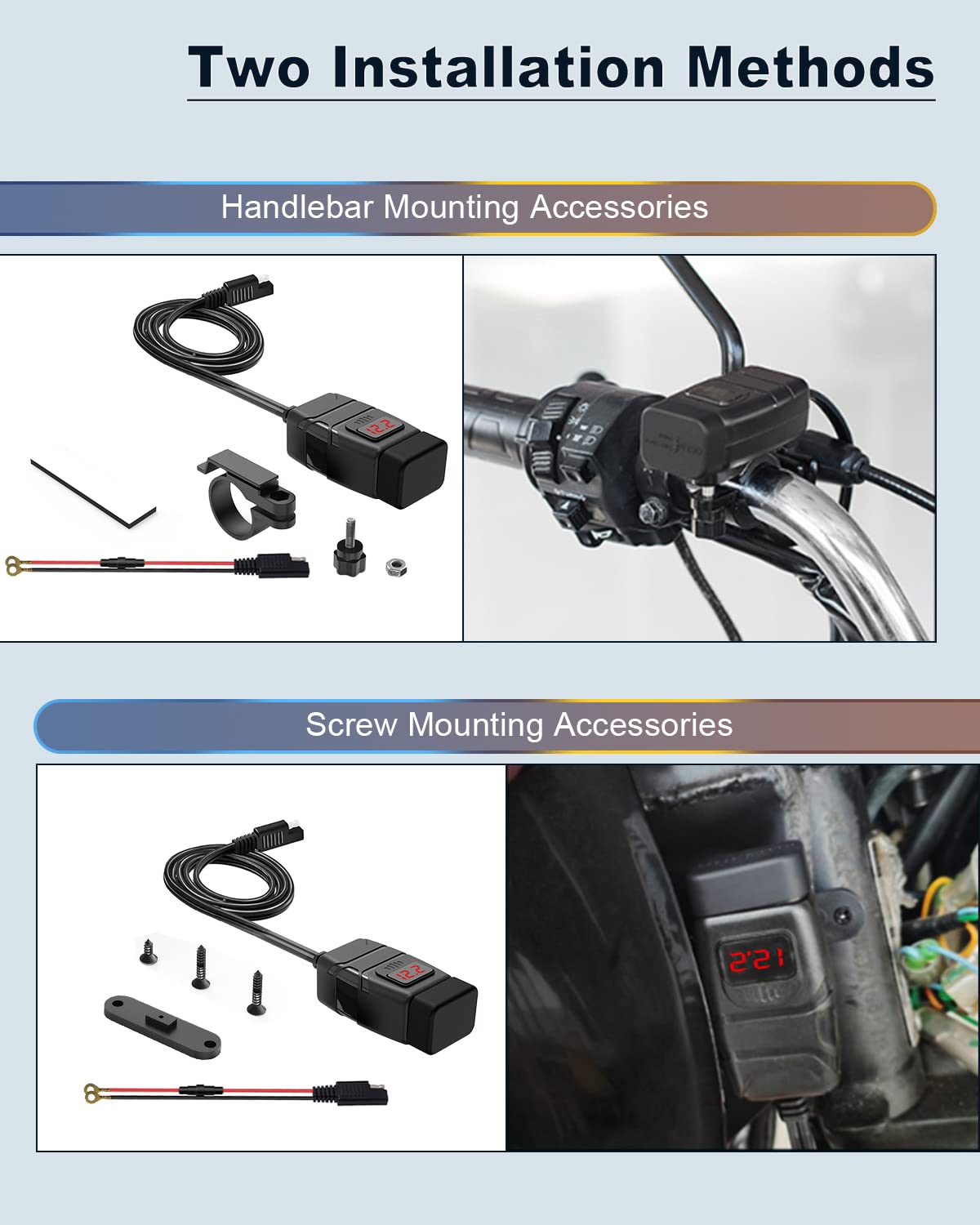 EXTRACTME Motorcycle USB Charger, 6.8A Quick Charge 3.0, Waterproof, Red Voltmeter, Model EM MTCCD