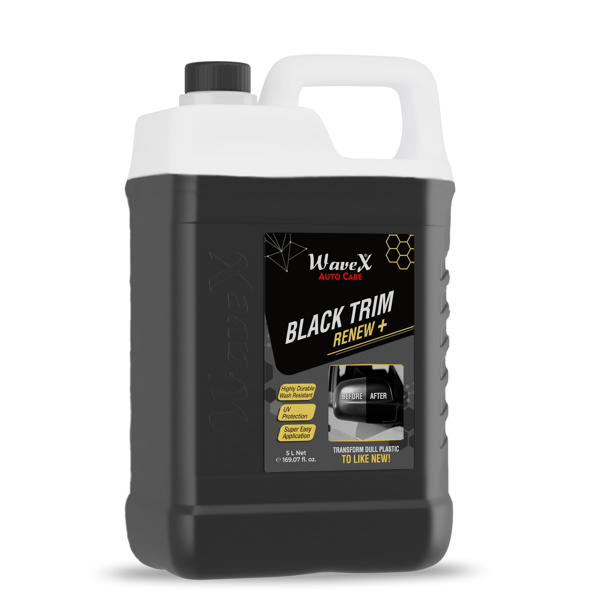 Wavex Black Trim Renew Plus | 5 L Plastic & Rubber Restorer | Revives Faded Exterior Trim & Bumpers | LongLasting Uv Protection