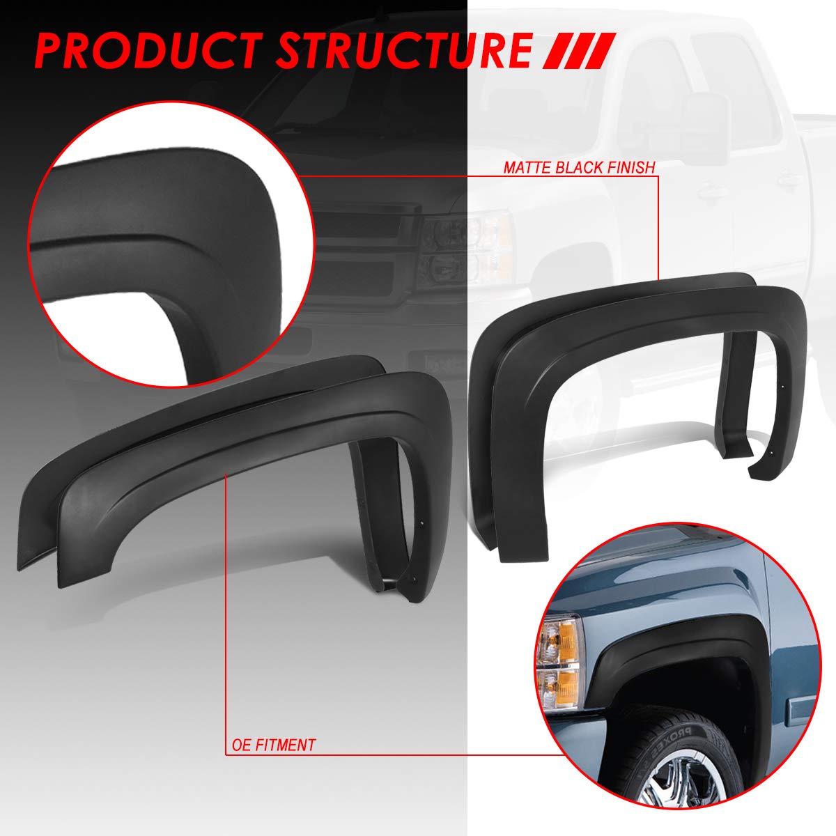 Auto Dynasty Fender Flares Compatible With 2007-2014 Chevy Silverado 1500 2500HD 3500HD, 6.5 & 8.1Ft Fleetside Models, Wheel Fla