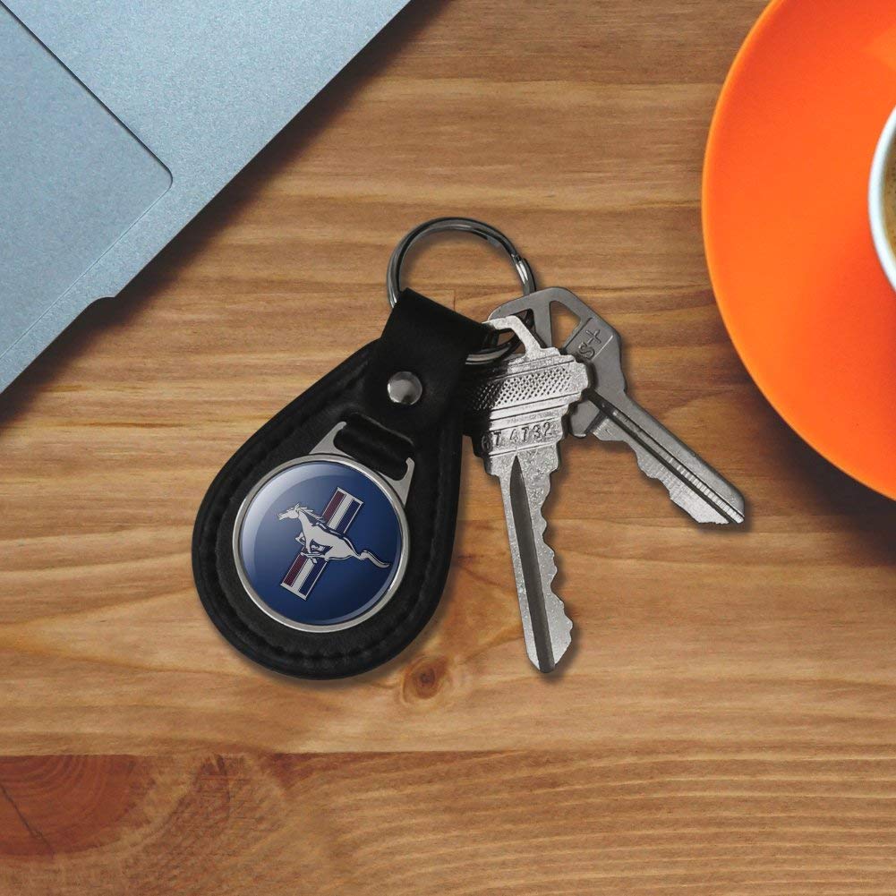 GRAPHICS & MORE Black Leather Ford Mustang Logo Keychain - One Size, Durable Leather/Metal Material