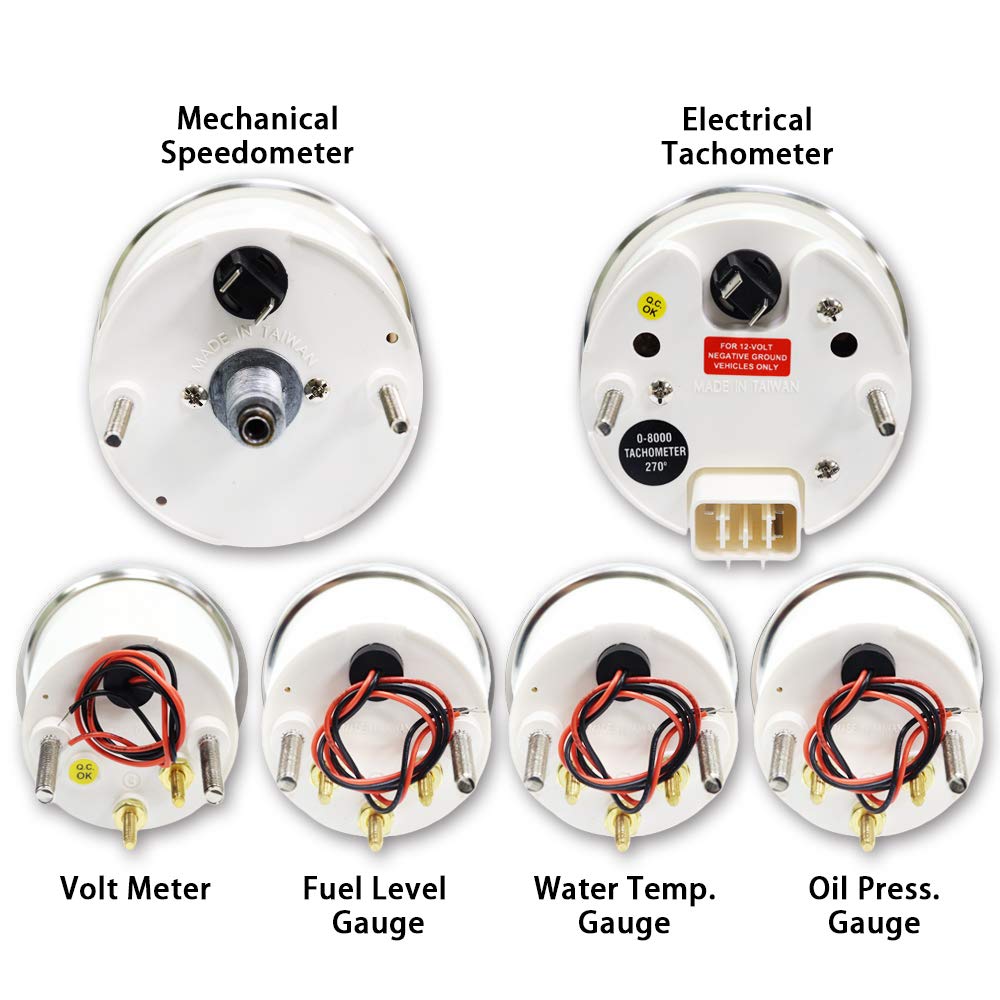 MOTOR METER RACING Classic 6 Gauge Set with Mechanical Speedometer Analog Odometer White Dial Black Needle Light Bulb Illuminati